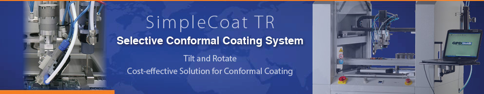 Selective Conformal coating equipment systems with tilt and rotate spray valve